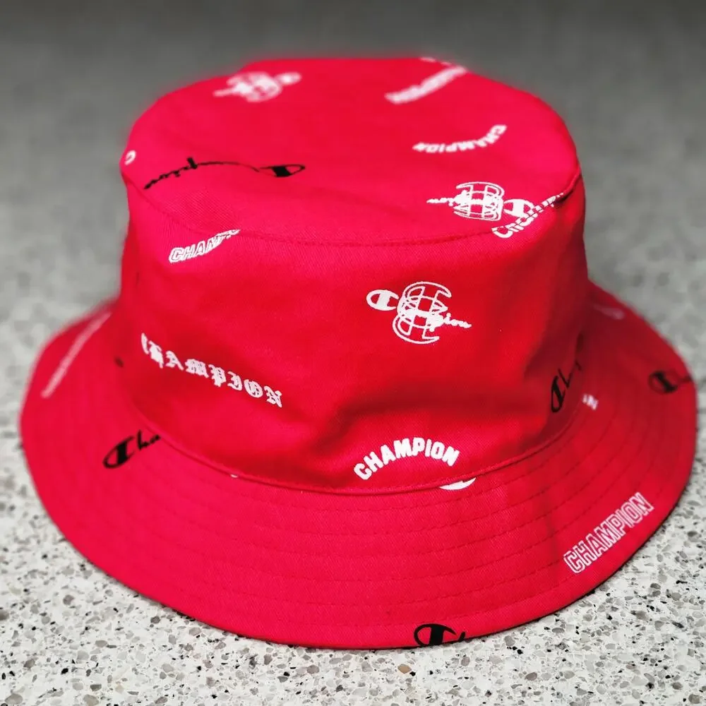 NWOT Champion Reversible Logo Script Bucket Hat L/XL Red All Over Print Spellout